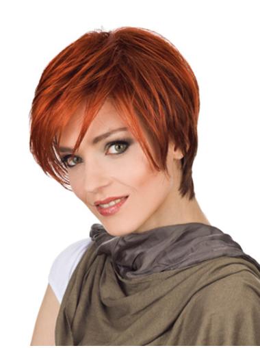 Short Straight Wigs Monofilament Red With Bangs Short Discount Real Looking Synthetic Wigs