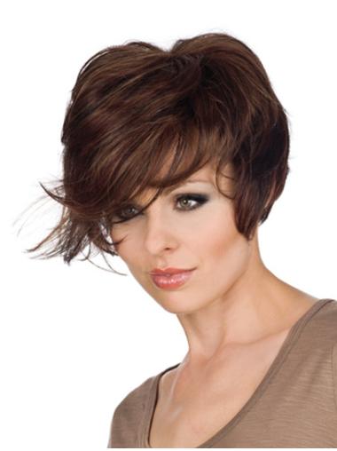 Short Wavy Wigs Monofilament Brown With Bangs Suitable Lace Wig Short Hair