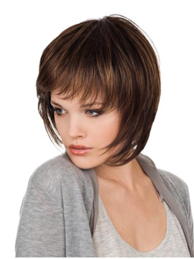 Short Straight Wigs With Bangs Chin Length 10 Inches Affordable Monofilament Wig With Bangs