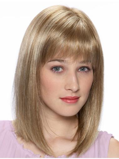 Straight Wigs With Bangs Blonde Straight Shoulder Length Durable Monofilament Wigs