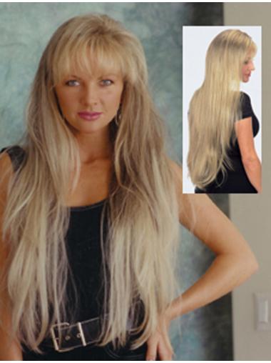 Long Straight Human Hair Wigs Capless Blonde With Bangs 30 Inches Long Straight Wig