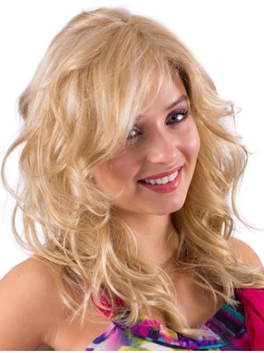Long Blonde Wavy Wig Blonde With Bangs Wavy 18 Inches Long Monofilament Wig