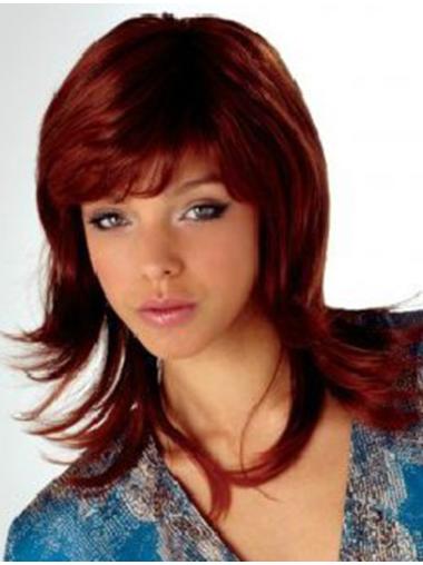 Wavy Shoulder Length Wig Auburn With Bangs Sassy Lace And Mono Wig Synthetic