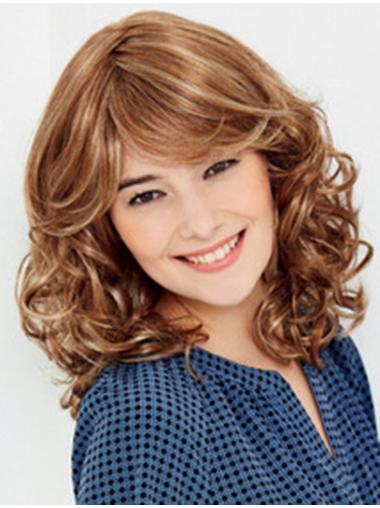 Medium Length Wavy Wigs Blonde With Bangs Perfect Lace Synthetic Wigs
