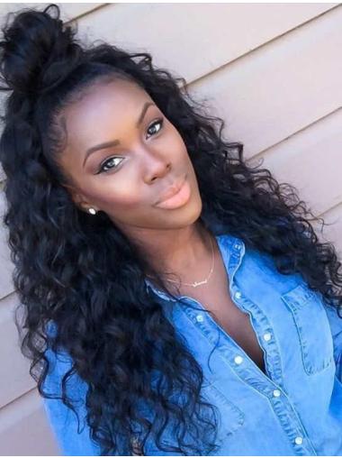 Long Human Hair Wig Affordable Black Without Bangs 18 Inches Remy Lace Wig 360