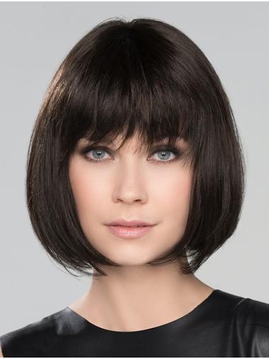 Short Straight Wigs With Bangs Chin Length Straight 10" Black With Bangs High Quality Synthetic Wigs