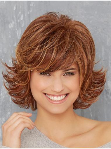 Hair Wavy Wigs With Bangs 10" Chin Length Copper Synthetic With Bangs Monofilament Wigs