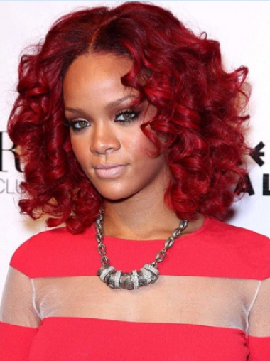 Medium Length Wigs Human Hair 100% Hand-Tied Layered Shoulder Length 12 Inches Great Rihanna Red Hair Curls