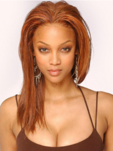 Long Black Human Hair Wig Lace Front Without Bangs Straight 16 Inches Great Tyra Banks Wigs