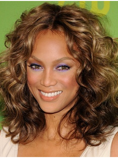 Human Hair Medium Length Wigs Lace Front Without Bangs Curly 14 Inches Exquisite Wigs Tyra Banks