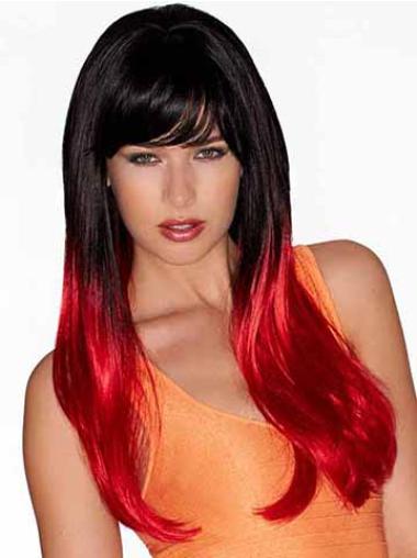 Long Straight Wig With Bangs Ombre/2 Tone Straight 22 Inches Natural Lace Front Cap Wigs