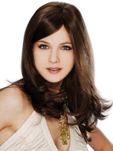 Long Layered Human Hair Wigs Suitable Straight Brown 100% Human Hair Hand Tied Wigs