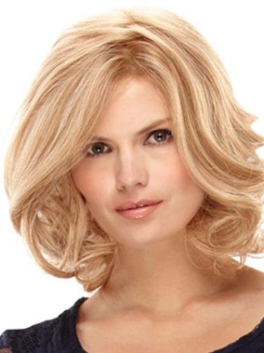Medium Human Hair Wigs Fashionable Layered Blonde Curly Human Hair Wigs Shoulder Length