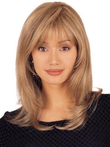 Medium Length Human Hair Wigs No-Fuss Layered Shoulder Length Blonde Lace Front Wig Human Hair