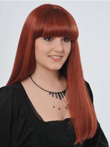 Long Wigs With Bangs Human Hair Long Red With Bangs Trendy Red Human Hair Hand Tied Wigs