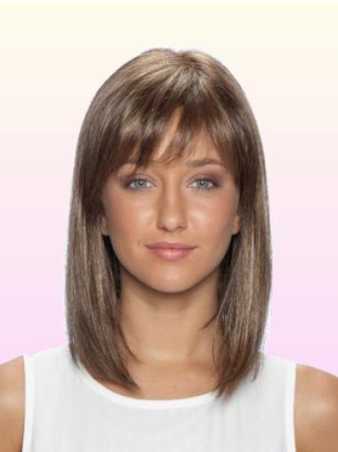 Medium Length Wigs Human Hair Shoulder Length Brown With Bangs Classy Indian Remy Human Hair Wigs