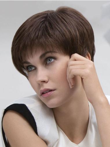 Short Human Hair Wigs With Bangs Boycuts Straight No-Fuss Lace Front Human Brown Wigs