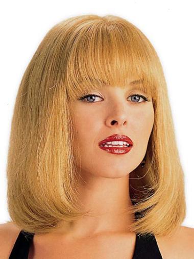 Medium Length Wigs Human Hair Blonde Houlder Length 14" Monofilament Human Hair Wig With Bangs