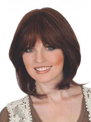 Straight Human Hair Wig Auburn Straight Chin Length Lace Front Best Remy Human Wigs With Bangs