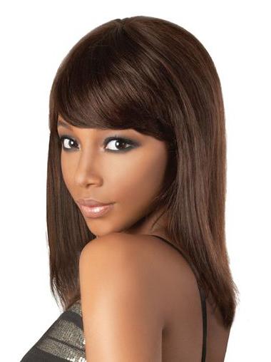 Human Hair Medium Length Wigs Lace Front Brown Shoulder Length Brown Human Hair Wig Short Bangs