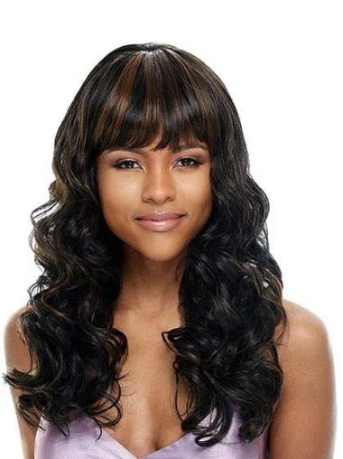Long Wigs With Bangs Human Hair Indian Remy Hair Wavy 24 Inches Wow African Wig With Bangs