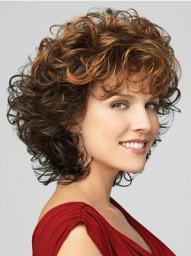 Curly Hair Wig With Bangs Best Brown Chin Length Lace Front Curly Synthetic Wigs With Bangs