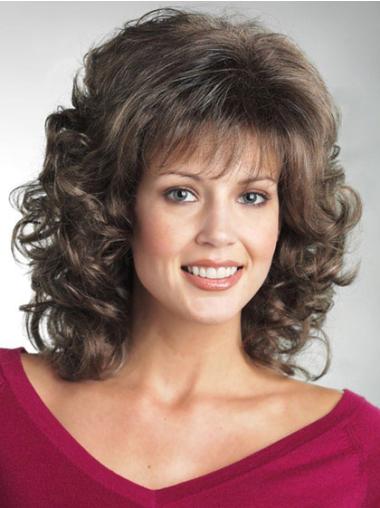 Curly Wigs Shoulder Length Brown With Bangs Capless Popular Synthetic Curly Shoulder Length Wigs