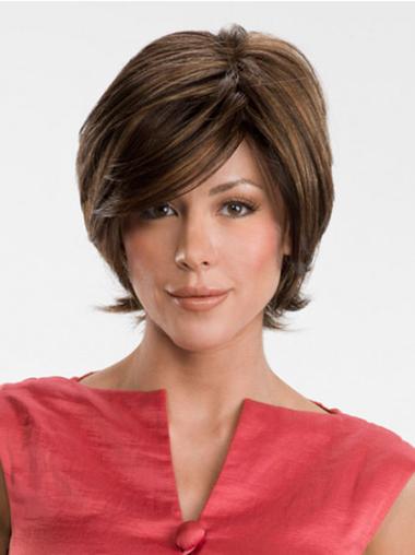 Straight Hair Wigs With Bangs Chin Length Straight Brown Modern Lace Front Wigs With Bangs Synthetic