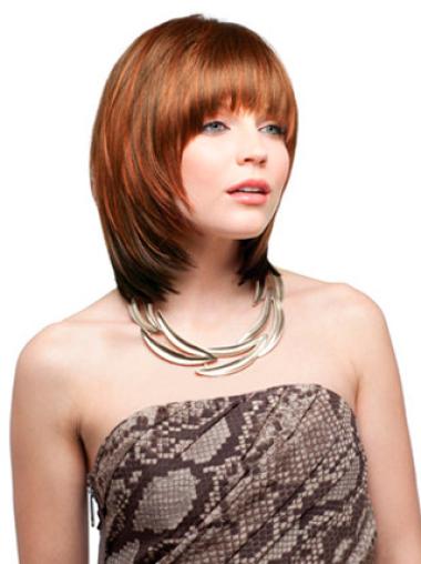 Straight Wigs With Bangs With Bangs Chin Length Auburn Synthetic Capless Wigs For Sale