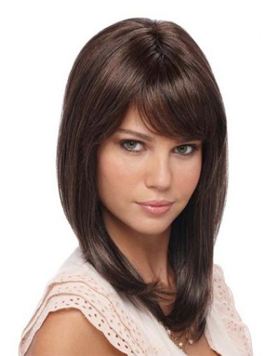 Shoulder Length Straight Wigs With Bangs Straight Synthetic Lace Front Flexibility Medium Brown Wig