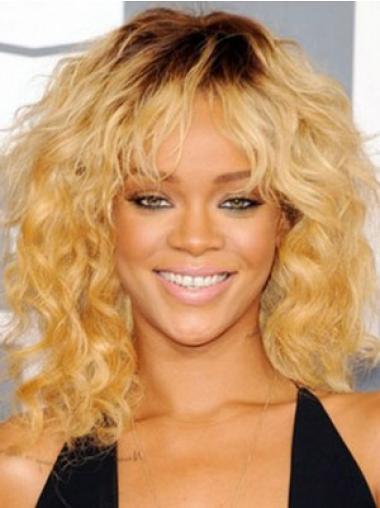 Medium Curly Wigs Capless Layered Shoulder Length Sleek Rihanna Blonde Wig