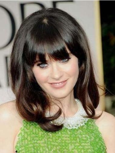 Shoulder Length Curly Human Hair Wigs Shoulder Length Brown Zooey Deschanel Wavy Human Hair Wigs With Bangs
