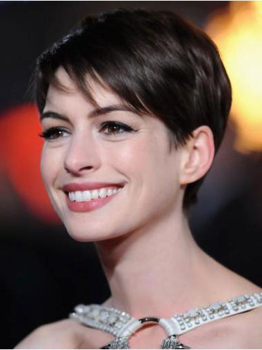 Short Grey Human Hair Wigs Lace Front Brown Boycuts 4" Popular Anne Hathaway A Hundred Percent Human Hair Wigs