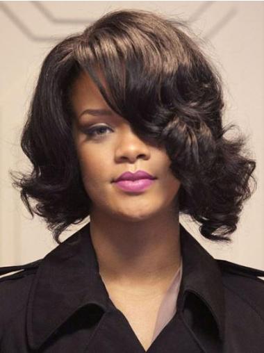 Medium Length Human Hair Wigs Caucasian 12" Lace Front Brown Shoulder Length Flexibility Rihanna Wigs With Bangs