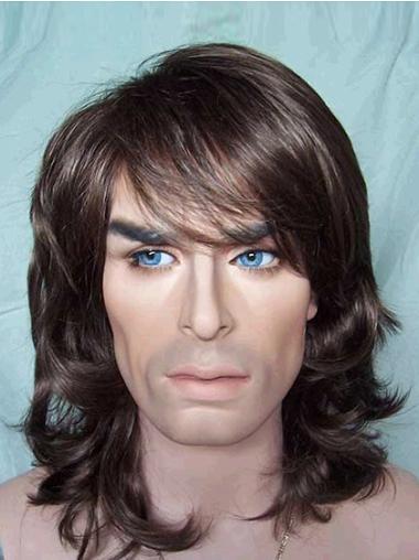 Synthetic Shoulder Length Wigs Brown Wavy 12 Inches Mens Synthetic Wigs