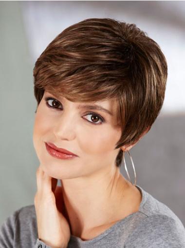Capless Wig Cropped Synthetic 6 Inches Short Ash Brown Wig