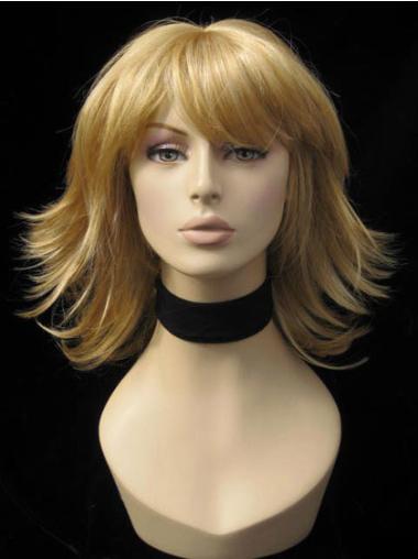 Shoulder Length Straight Wigs With Bangs Capless With Bangs Blonde Synthetic Blonde Medium Wig