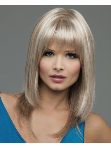 Straight Hair Wigs With Bangs Shoulder Length Synthetic Good Medium Length Blonde Wig