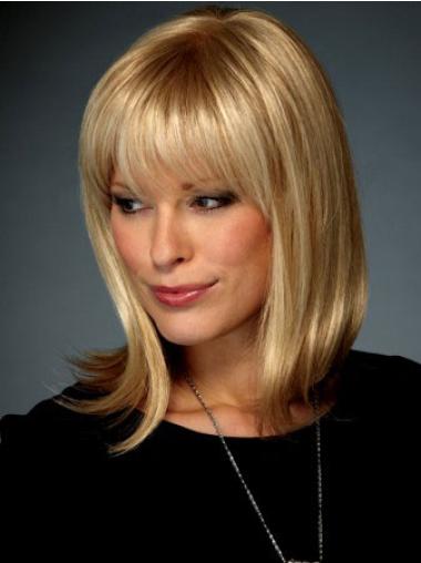 Straight Wigs With Bangs Lace Front Blonde Medium Length Synthetic Wig
