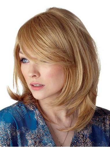 Straight Wig With Bangs Capless With Bangs Blonde Synthetic Medium Length Wigs