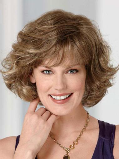 Wavy Wigs With Bangs Synthetic With Bangs Brown Elderly Lady Real Looking Lace Front Wigs