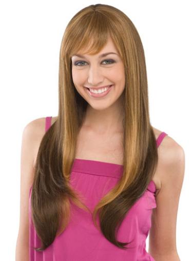 Long Human Hair Wigs Brown With Bangs Straight Fashionable Wig Long Human Hair