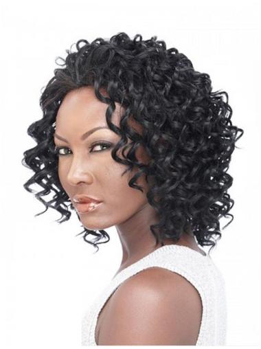 Medium Human Hair Wigs Black Curly Good African American Human Hair Half Wigs