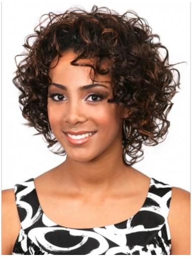 Human Hair Wigs Chin Length Brown Curly Fashion African American Half Cap Wigs