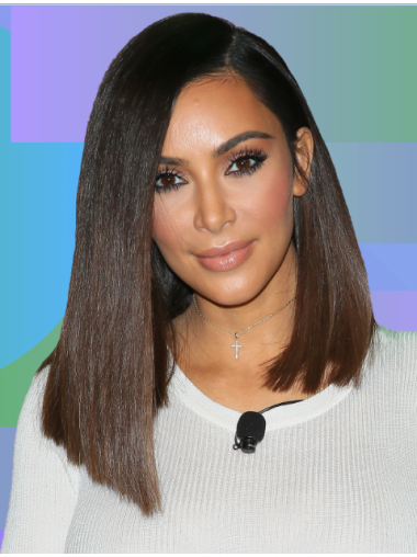 Medium Length Human Hair Wigs Lace Front Without Bangs 14 Inches Kim Kardashian Inspired Human Hair Wig