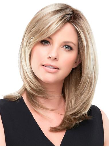 Medium Straight Wigs 100% Hand-Tied Blonde Shoulder Length Celebrity Inspired Lace Wigs