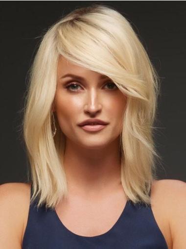 Human Hair Medium Length Wigs Blonde 14" Wavy Shoulder Length Monofilament Layered Human Hair Wigs
