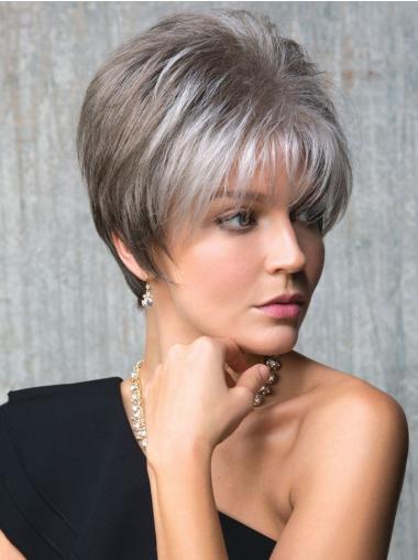 Short Grey Wigs Capless Synthetic Cropped Straight 6" Grey Wigs