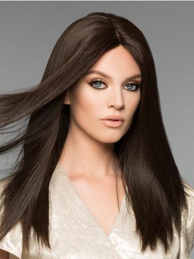 Human Hair Long Wigs Brown 16" Straight Long 100% Hand-Tied Without Bangs Human Hair Wigs