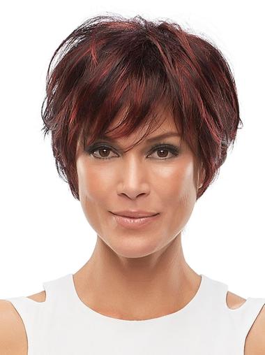 Straight Wig With Bangs 6" Cropped Straight 100% Hand-Tied Auburn With Bangs Synthetic Wigs